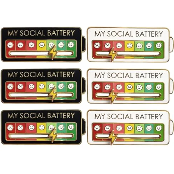BaZuyunMd Social Battery Pin 6er Set, Anstecker mit 7 Emotionen, stylische Brosche in Weiß und Schwarz, 6×2.5cm
