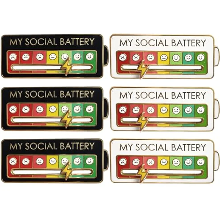 BaZuyunMd Social Battery Pin 6er Set, Anstecker mit 7 Emotionen, stylische Brosche in Weiß und Schwarz, 6×2.5cm – Bild 1