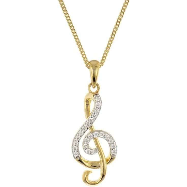 trendor Halskette mit Notenschlüssel, 925 Silber vergoldet, elegantes Schmuckstück mit Zirkonia, 45 cm