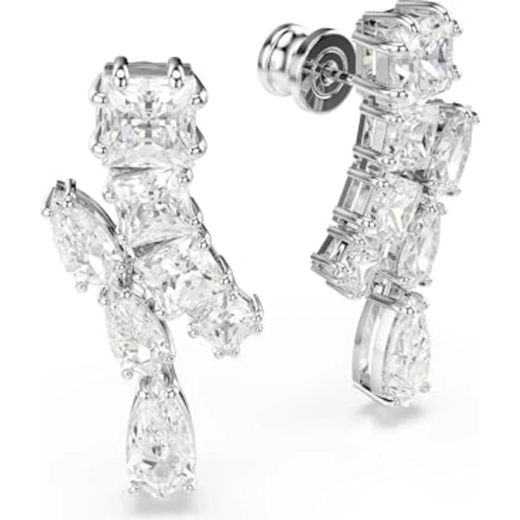 Swarovski Matrix Drop-Ohrhänger, Rhodinierte Ohrringe mit Strahlenden Swarovski Kristallen in Verschiedenen Schliffen, Weiß – Bild 3