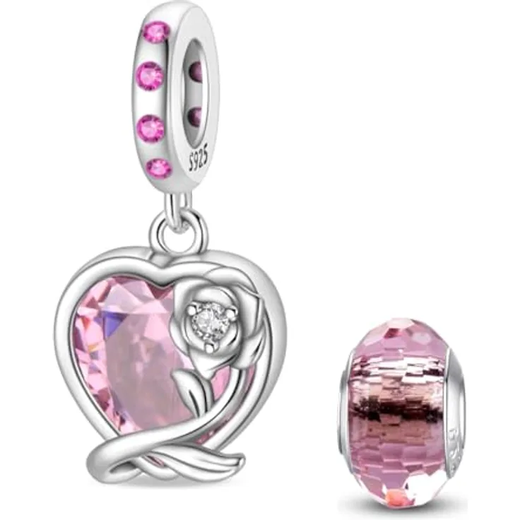 HappyStar 925 Sterling Silber Rose Blume Charme Tarot Karte Anhänger mit Zirkonen, für Pandora Armbänder und Halsketten, inkl. kostenloser Abstandsperle und Geschenktasche