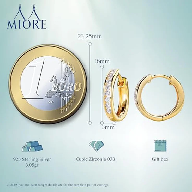 MIORE Creolen Damenohrringe Silber 925, 18 Karat vergoldet, 16mm mit Zirkonia, hypoallergen, in Schmuckbox – Bild 3