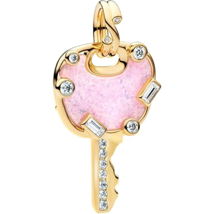 PANDORA Charmanhänger Liebesschlüssel, Opalisierender Rosa Stein, Goldfarben, Zirkonia