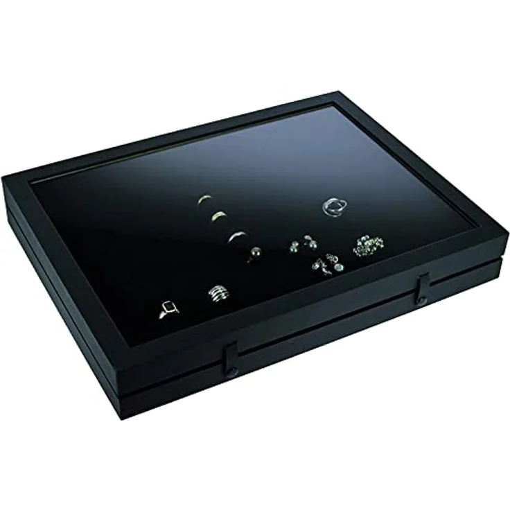 SAFE 5685 Sammel Vitrine Black Edition, Setzkasten mit Echtglas Abdeckung für 48 Ringe oder Schmuck, mattschwarze Leinenstruktur-Oberfläche, 40 x 30 x 5,5 cm – Bild 1