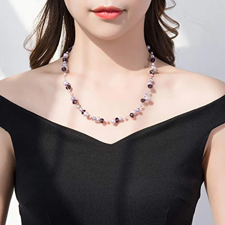 Bulinlin Damen Kristall Perlenkette Silber, Boho Statement Choker Halskette, lila, 17 Zoll plus 3 Zoll Verlängerung – Bild 5