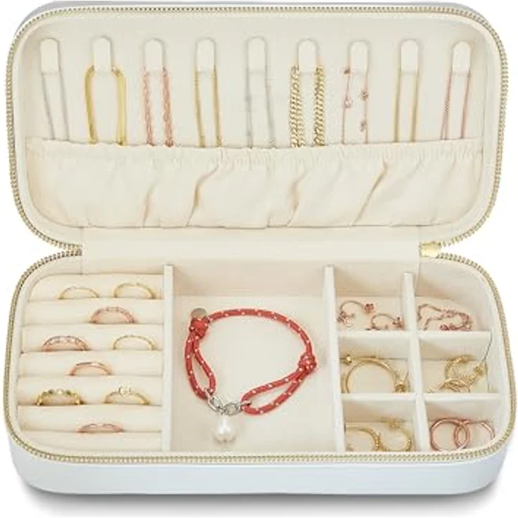 GLANZSTÜCKE MÜNCHEN Schmuck-Reisetäschchen Kunstleder weiß, 23,5 x 11,5 x 5,8 cm, Samt creme, mit klappbarem Deckel und Innenaufteilung für sichere Schmuckaufbewahrung – Bild 3