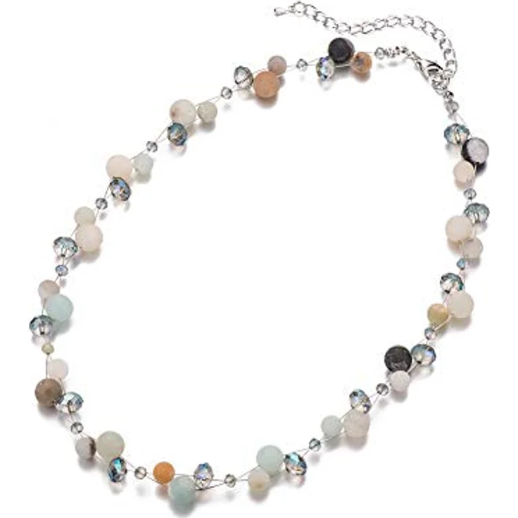 Bulinlin Damen Kristall Perlenkette Boho Statement Choker Halskette, 17 Zoll plus 3 Zoll Verlängerung, Silber Grün – Bild 2