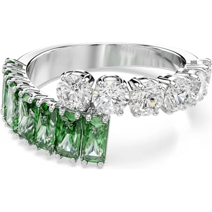 Swarovski Matrix Ring, Rhodinierter Damenring mit Klaren und Grünen Zirkonia im Rund- und Baguette-Schliff, Größe: 50