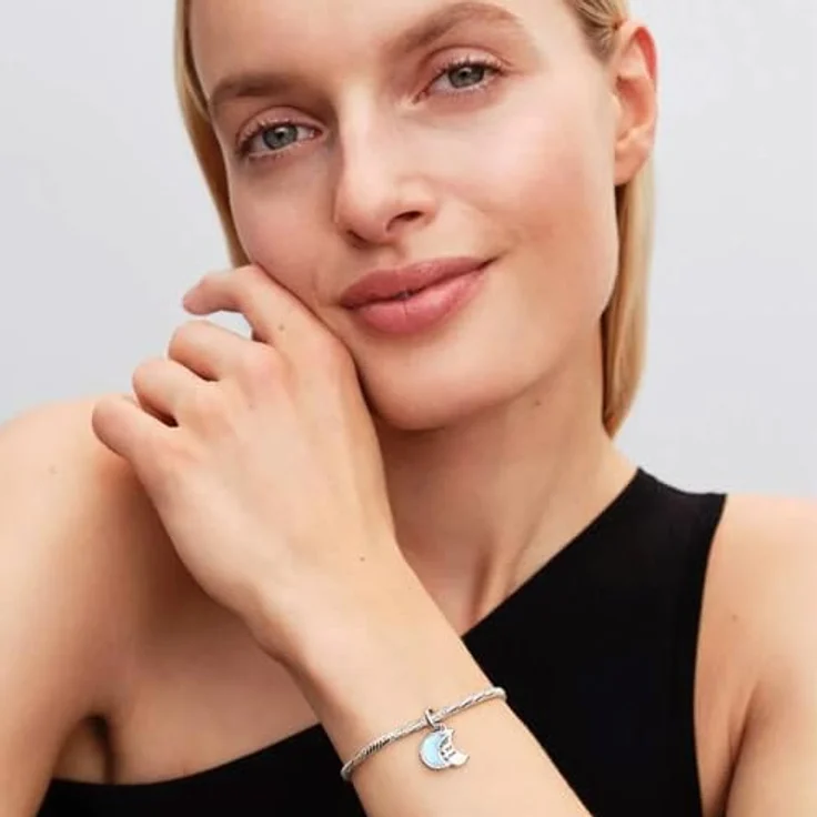 PANDORA Moments Mondsichel Doppelter Charm-Anhänger aus Sterling-Silber mit irisierendem Mondstein-Glas, kompatibel mit ME und Moments, 794272C01 – Bild 5
