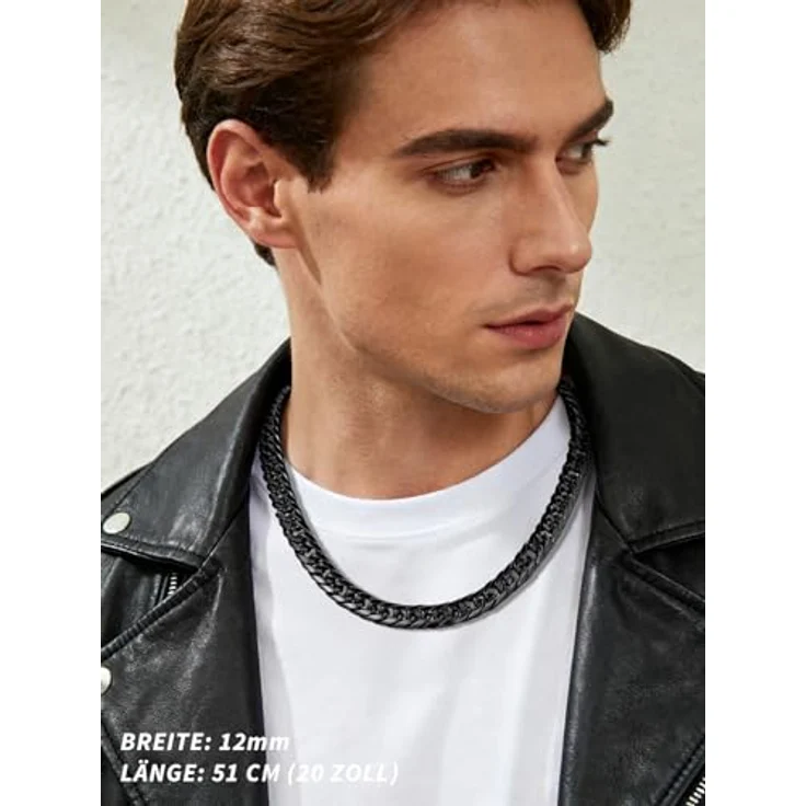 FindChic Massiv Panzerkette schwarz, Herren Edelstahl Halskette 12mm, 51cm Punk Cuban Link mit Geschenkebox – Bild 3