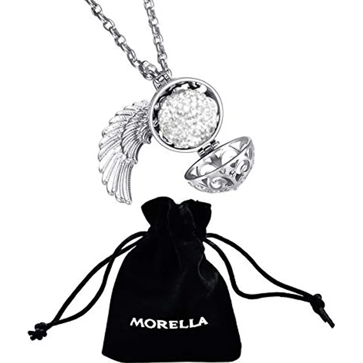 Morella Damen Schutzengel Halskette Edelstahl 70 cm mit Engel-Flügel Anhänger und wechselbarer Klangkugel, Zirkonia weiß Ø 16 mm im Schmuckbeutel – Bild 3