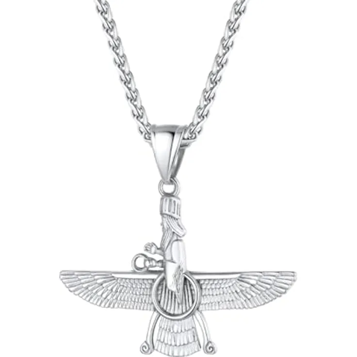 U7 Herren Faravahar Anhänger Halskette Edelstahl, Silber mit verstellbarer Weizenkette, Zoroastrismus Symbol Amulett für Männer