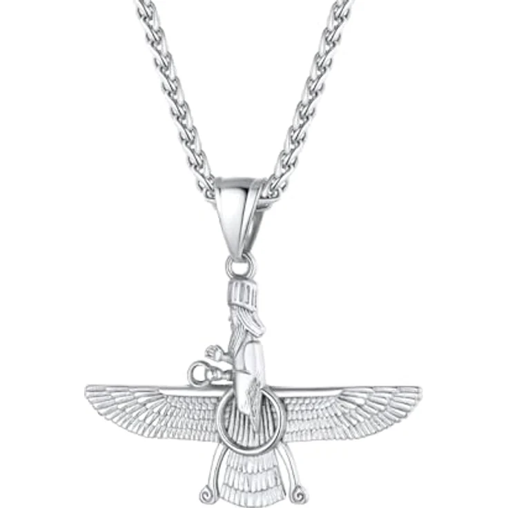 U7 Herren Faravahar Anhänger Halskette Edelstahl, Silber mit verstellbarer Weizenkette, Zoroastrismus Symbol Amulett für Männer – Bild 1