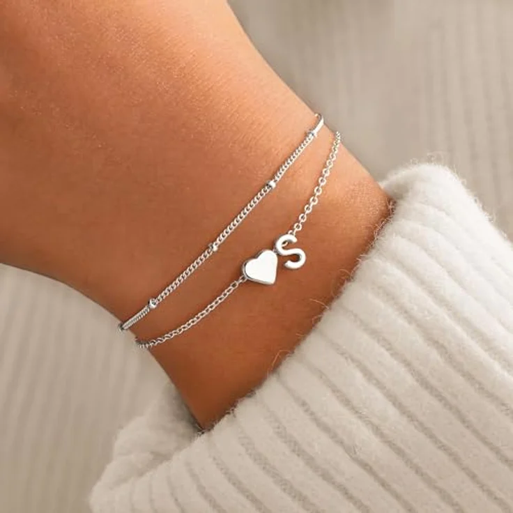 TINGN Armband Damen, 14K Weißgold Vergoldetes Silber Armband mit Buchstaben S und Herz, verstellbare Armkette für Mädchen, personalisierte Geschenke für Frauen und Freundinnen – Bild 2