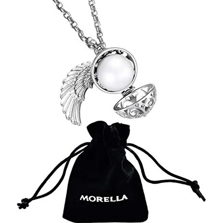 Morella Damen Schutzengel Halskette Edelstahl, 70 cm mit Engelsflügel Anhänger und weißer Klangkugel Ø 16 mm, in Schmuckbeutel – Bild 3