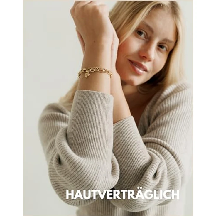 GD GOOD.designs Armband Herz für Damen Gold - 18K vergoldetes, mehrreihiges Charms Armband mit verstellbarem Herzanhänger (14,5cm - 19,5cm) - Figaro- und Panzerkette – Bild 2
