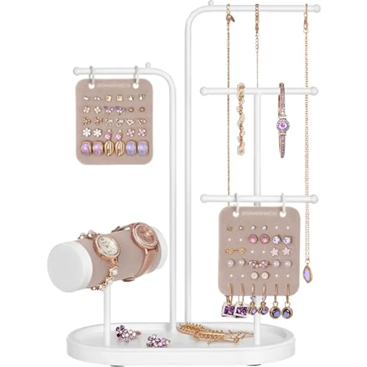 SONGMICS Schmuckständer JJS025W01, Metallrahmen mit 2 Ohrring-Organizern, 4 Hängestangen und ovalem Schmucktablett, wolkenweiß, für Ohrringe, Armbänder und Ringe