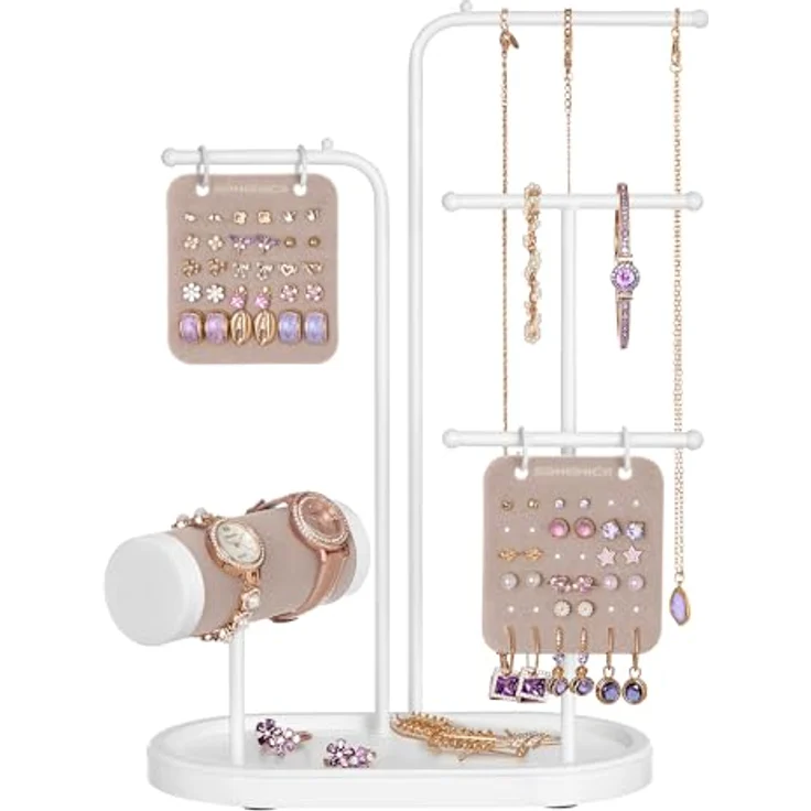 SONGMICS Schmuckständer JJS025W01, Metallrahmen mit 2 Ohrring-Organizern, 4 Hängestangen und ovalem Schmucktablett, wolkenweiß, für Ohrringe, Armbänder und Ringe – Bild 1
