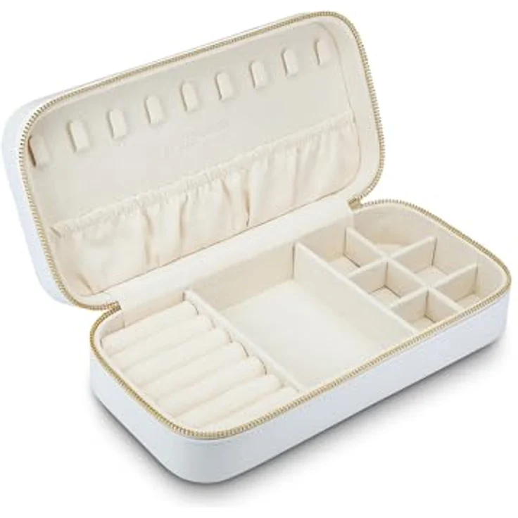 GLANZSTÜCKE MÜNCHEN Schmuck-Reisetäschchen Kunstleder weiß, 23,5 x 11,5 x 5,8 cm, Samt creme, mit klappbarem Deckel und Innenaufteilung für sichere Schmuckaufbewahrung – Bild 2