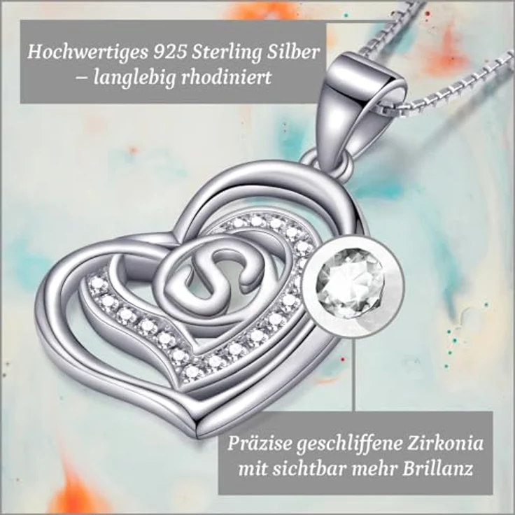 Morella Damen Halskette Herz Buchstabe S, 925 Silber rhodiniert mit weißen Zirkoniasteinen, 46 cm Länge – Bild 2