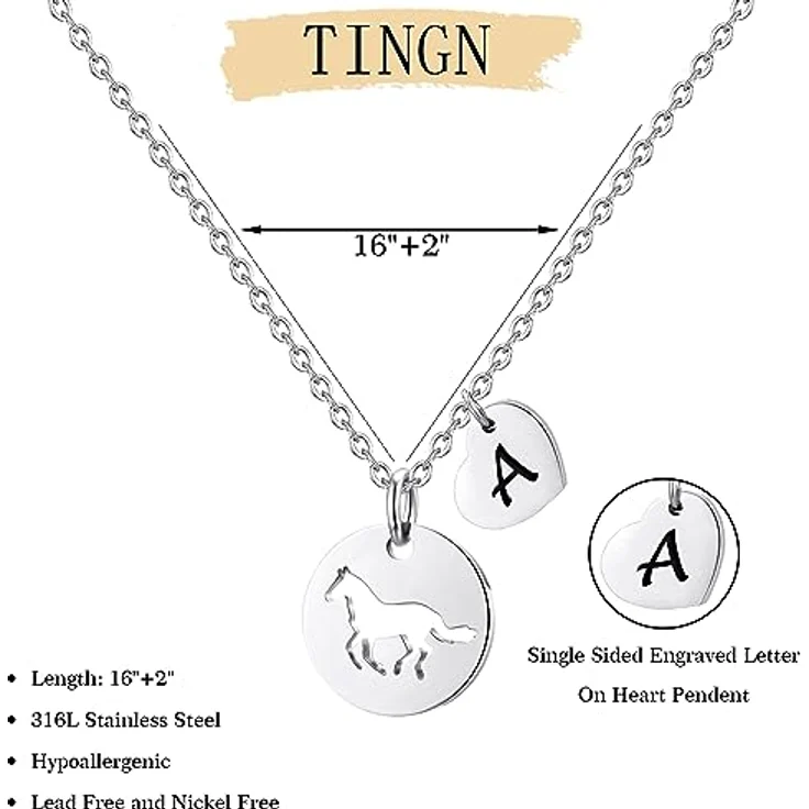 TINGN Pferde Kette Mädchen, Edelstahl Halskette mit Herz Buchstaben Anhänger "B", 16 Zoll mit Verlängerung, personalisierbares Geschenk für 8-Jährige – Bild 2