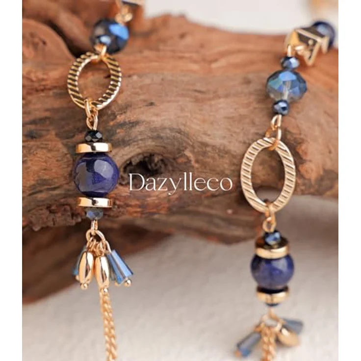 Dazylleco Lange Gold Perlenkette Damen Boho Halskette mit Natursteinen, 90cm, Dunkelblau – Bild 5