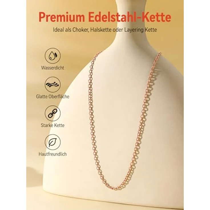 FaithHeart Rolokette Halskette 55CM, Rosegold 2,5MM Edelstahlkette für Damen, ideal zum Kombinieren mit Anhängern, Geschenkbox enthalten – Bild 3