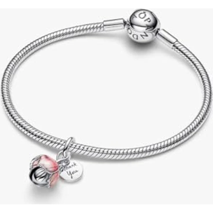 PANDORA Charm Zweifarbige blühende Blume, 14 Karat Vergoldung mit grünem Kristall und rosa Emaille, Gravur Danke, kompatibel mit Moments ME – Bild 3