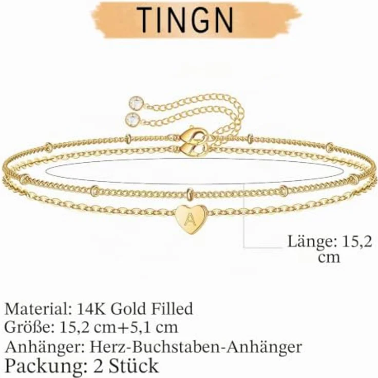 TINGN Gold Armband Set für Damen, Zierliche Buchstaben Armbänder mit personalisiertem Herzanhänger, 14 Karat vergoldet, 2 Stück, verstellbar, Geschenke für Frauen und Mädchen – Bild 2