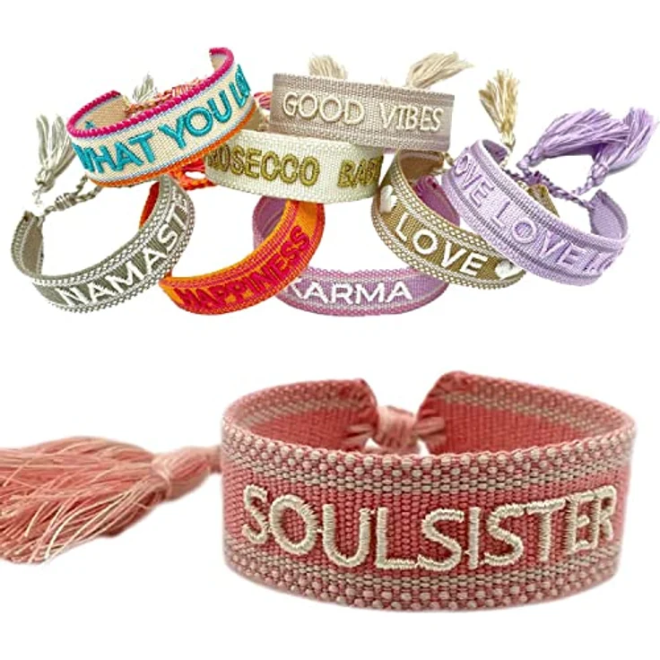 LS-LebenStil Soulsister Armband, Rosa Weiß, Quasten, besticktes Boho Canvas Webarmband, 16-20cm, Damen Freundschaftsarmband, waschbar – Bild 1