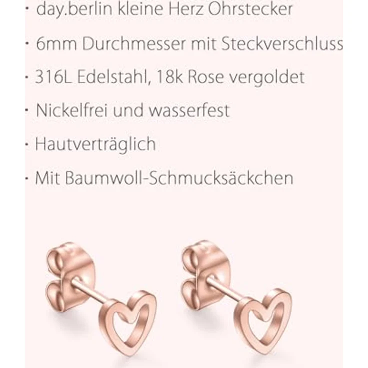 day.berlin Kleine Herz Ohrstecker in Rosegold, 18k vergoldet, 6mm Durchmesser, nickelfrei und wasserfest aus 316L Edelstahl – Bild 3