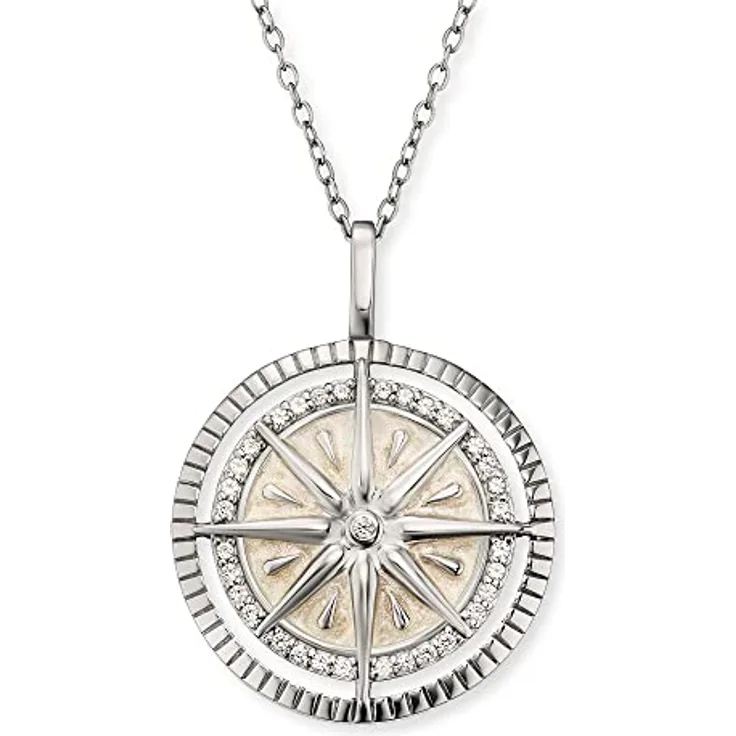 Engelsrufer Damen Halskette mit Windrose Anhänger, Sterling Silber, Emaille & Zirkonia, verstellbar, 50 cm, nickelfrei