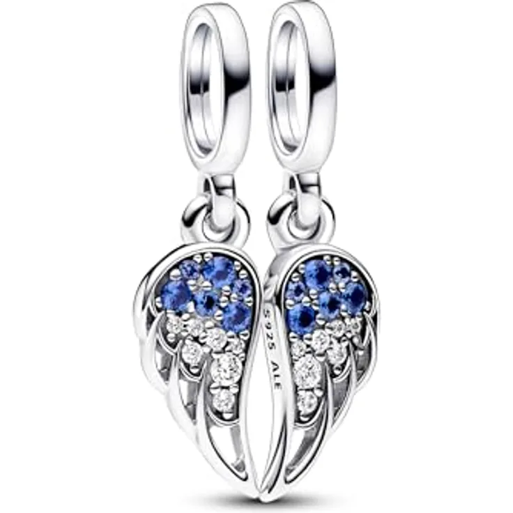 PANDORA Moments Funkelnder Teilbarer Engelsflügel Charm-Anhänger, Sterling Silber mit Zirkonia, graviert "I’ll always be there", kompatibel mit Moments Armbändern, 792821C01