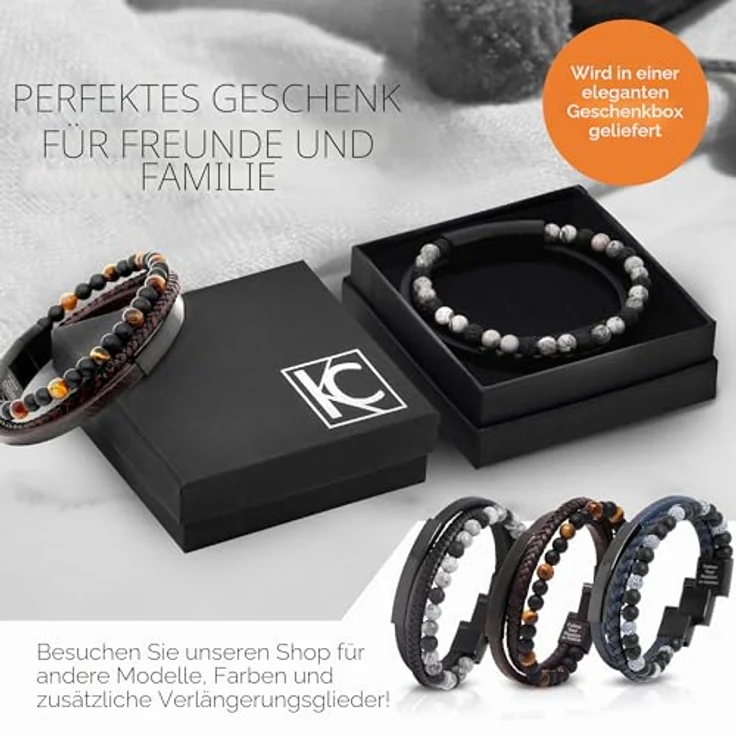 KC Premium Männer Lederarmband mit Lavastein Jasper Perlen, Handgemacht mit inspirierender Gravur, Größenverstellbar mit Magnetverschluss Edelstahl, Lieferung in Geschenk Schmuckbox (Silber Grau Schwarz) – Bild 4