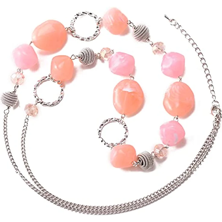 Bulinlin Silber Perplen Lang Kette für Damen, Boho Statement Chain Halskette, 35+3 inches, dunkel hellrosa, Modeschmuck zur Geschenkverpackung – Bild 2