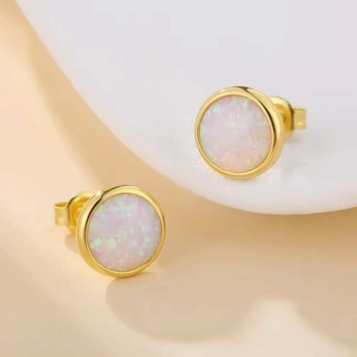 Jiahanzb Opal Ohrringe 925 Sterling Silber Runde Ohrstecker, weiße hypoallergene Ohrringe Stecker Schmuck für Damen, 8 mm, vergoldet – Bild 2
