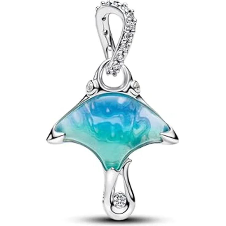 PANDORA Manta Sterling Silver Dangle, Charm-Anhänger mit klarem Zirkonia, weißen bioresin Kunstperlmut und blauem Murano-Glas