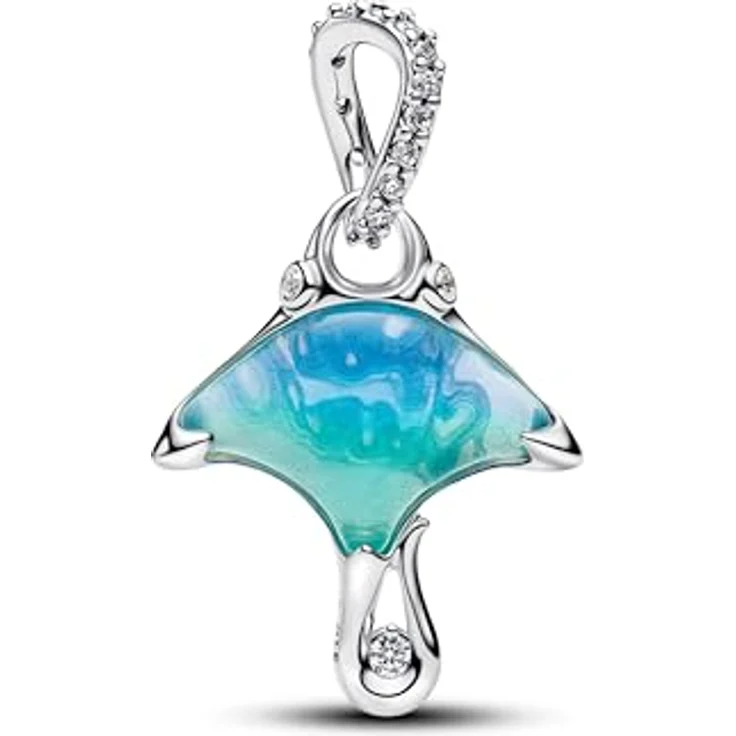 PANDORA Manta Sterling Silver Dangle, Charm-Anhänger mit klarem Zirkonia, weißen bioresin Kunstperlmut und blauem Murano-Glas