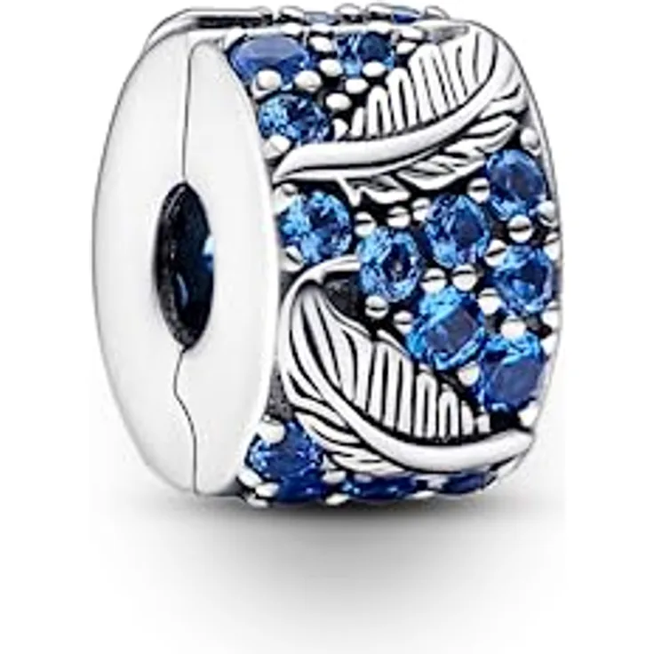PANDORA Geschwungene Feder & Pavé-Clip, Sterling-Silber mit Cubic Zirkonia, Silber-Blau, aus der Moments Kollektion, 792552C01