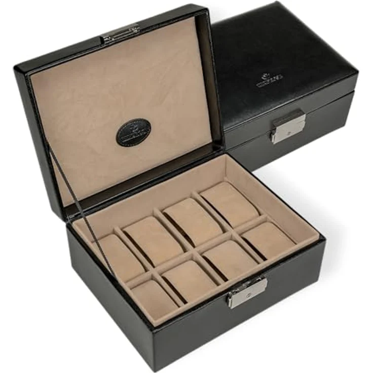 Windrose Merino Watch Safe Box Black, Schmuckkasten für Uhren mit eleganter Aufbewahrung, 19,5 x 16 x 9 cm – Bild 1