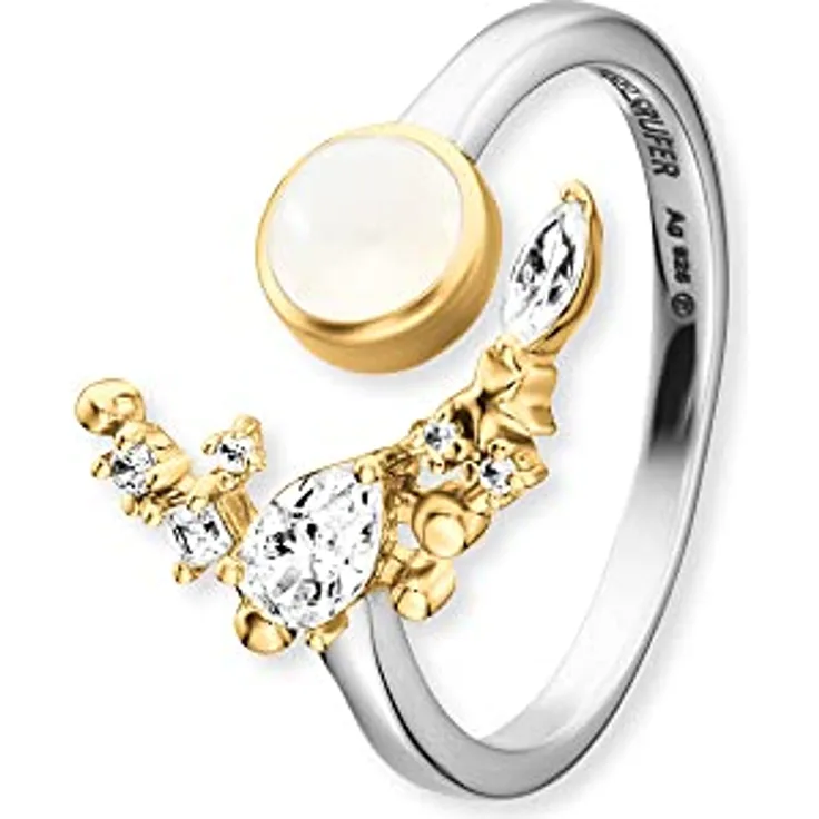 Engelsrufer Damen Ring Bicolor Gold und Silber mit mondfarbigem Mondstein, 7 Zirkonia Steinen, größenverstellbar, nickelfrei