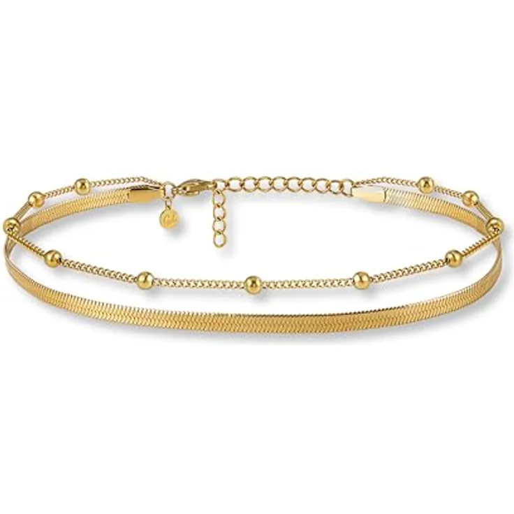 GD GOOD.designs Fußkettchen Gold für Damen, mehrreihige verstellbare Schlangenkette, wasserfest, hautverträglich, 22-27 cm