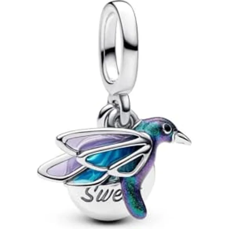 PANDORA Moments Kolibri Doppelter Charm-Anhänger, Sterling Silber mit transparenter und schillernder Emaille, kompatibel mit ME und Moments, 793746C01