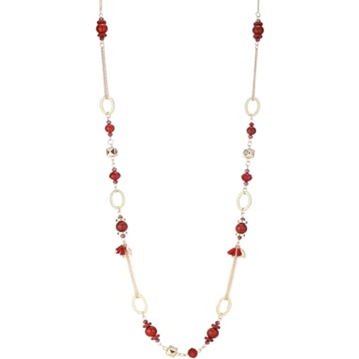 Dazylleco Lange Gold Perlenkette Damen Boho Halskette mit Natursteinen und Holzperlen, 90cm, dunkelrot – Bild 1