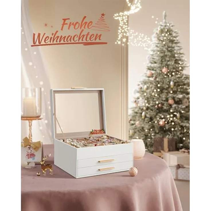 SONGMICS Schmuckkästchen JBC239WT, 3 Ebenen, Glasdeckel, mit 2 Schubladen, wolkenweiß-golden, viel Stauraum für Schmuck – Bild 2