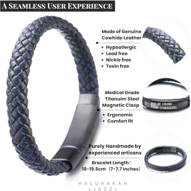 Halukakah JAZZ Titan Lederarmband, 18-20cm verstellbar, BE STRONG AND COURAGEOUS graviert, mit Mitteilungskarte und Geschenkbox für Sohn Enkel – Bild 2