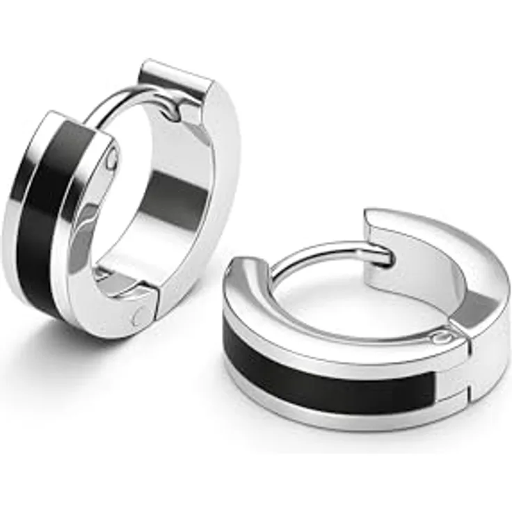 THIORA Creolen Ohrringe Damen, Edelstahl mit Emaille in Silber und Schwarz, 13 mm, wasserfest und nickelrei