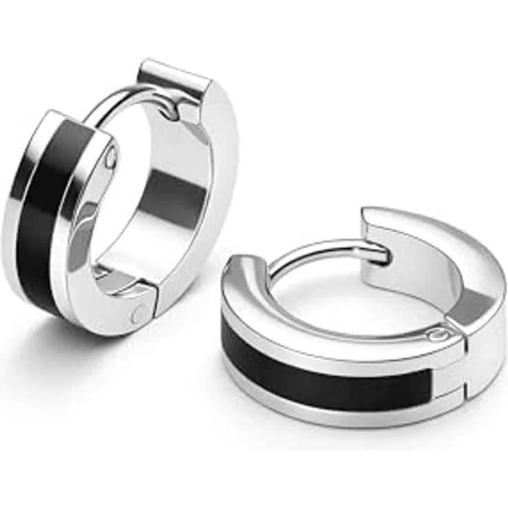 THIORA Creolen Ohrringe Damen, Edelstahl mit Emaille in Silber und Schwarz, 13 mm, wasserfest und nickelrei – Bild 1