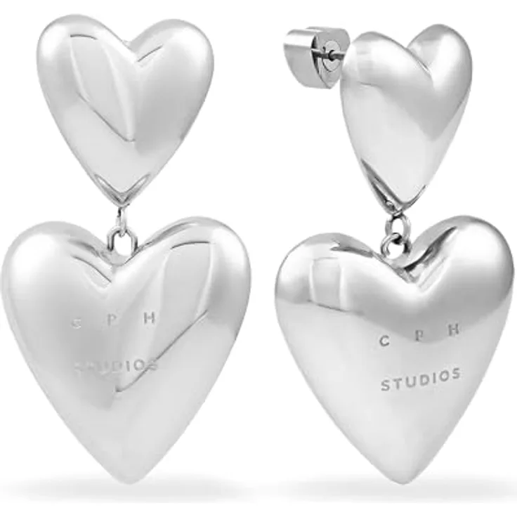 COPENHAGEN STUDIOS Puffy Hearts Ohrringe - silber - voluminöse Damen-Ohrstecker aus poliertem Edelstahl, wasserfest & hautfreundlich