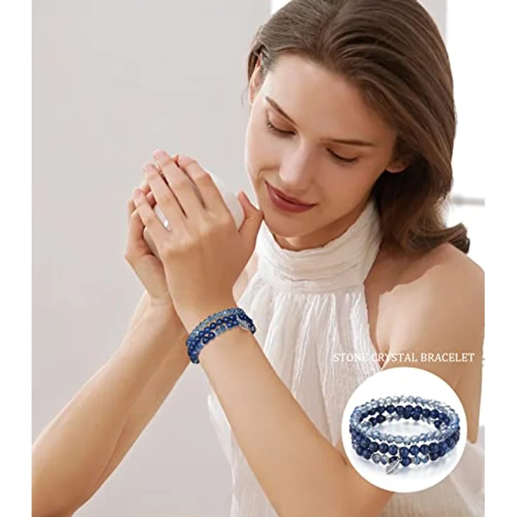 FULU AUTUMN Perlenarmband Set, mehrschichtiges Boho Damen Armband aus Natursteinen, elastisch, dunkelblau – Bild 4